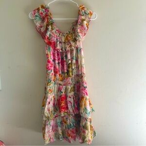 Lavender Brown Off Shoulder Tired Ruffle Dress In Floral Print Size S NEW